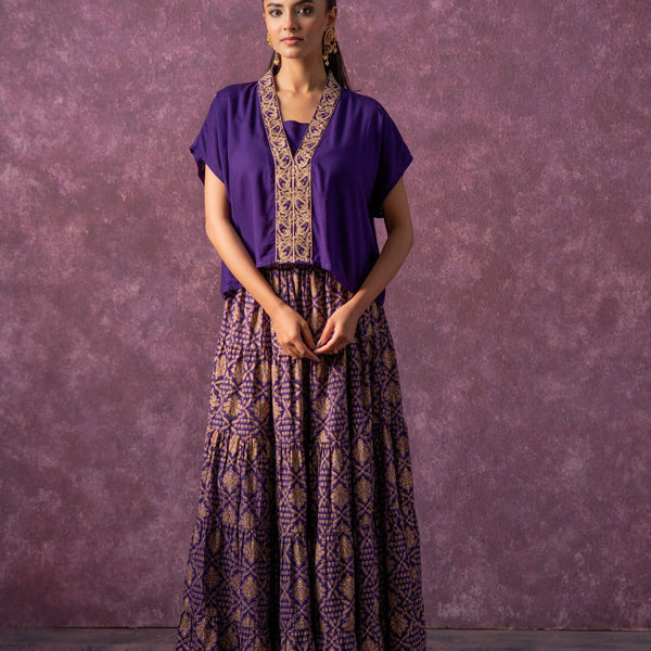 Juniper Purple Viscose Solid Top With Skirt Co-Ord Set With Mirror & Sequence Work