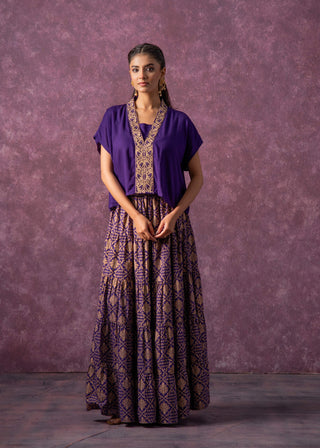 Juniper Purple Viscose Solid Top With Skirt Co-Ord Set With Mirror & Sequence Work