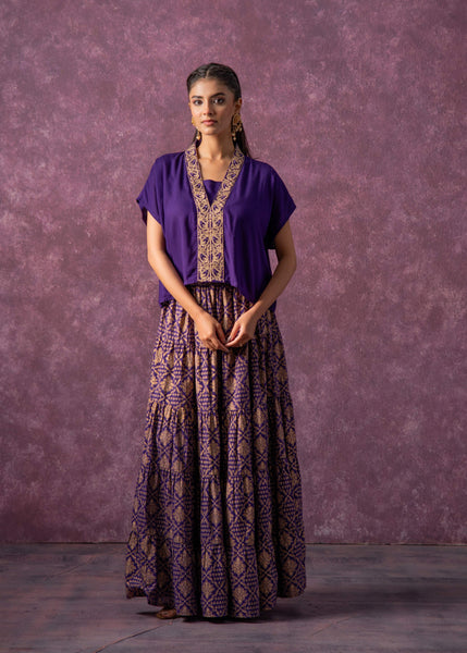 Juniper Purple Viscose Solid Top With Skirt Co-Ord Set With Mirror & Sequence Work
