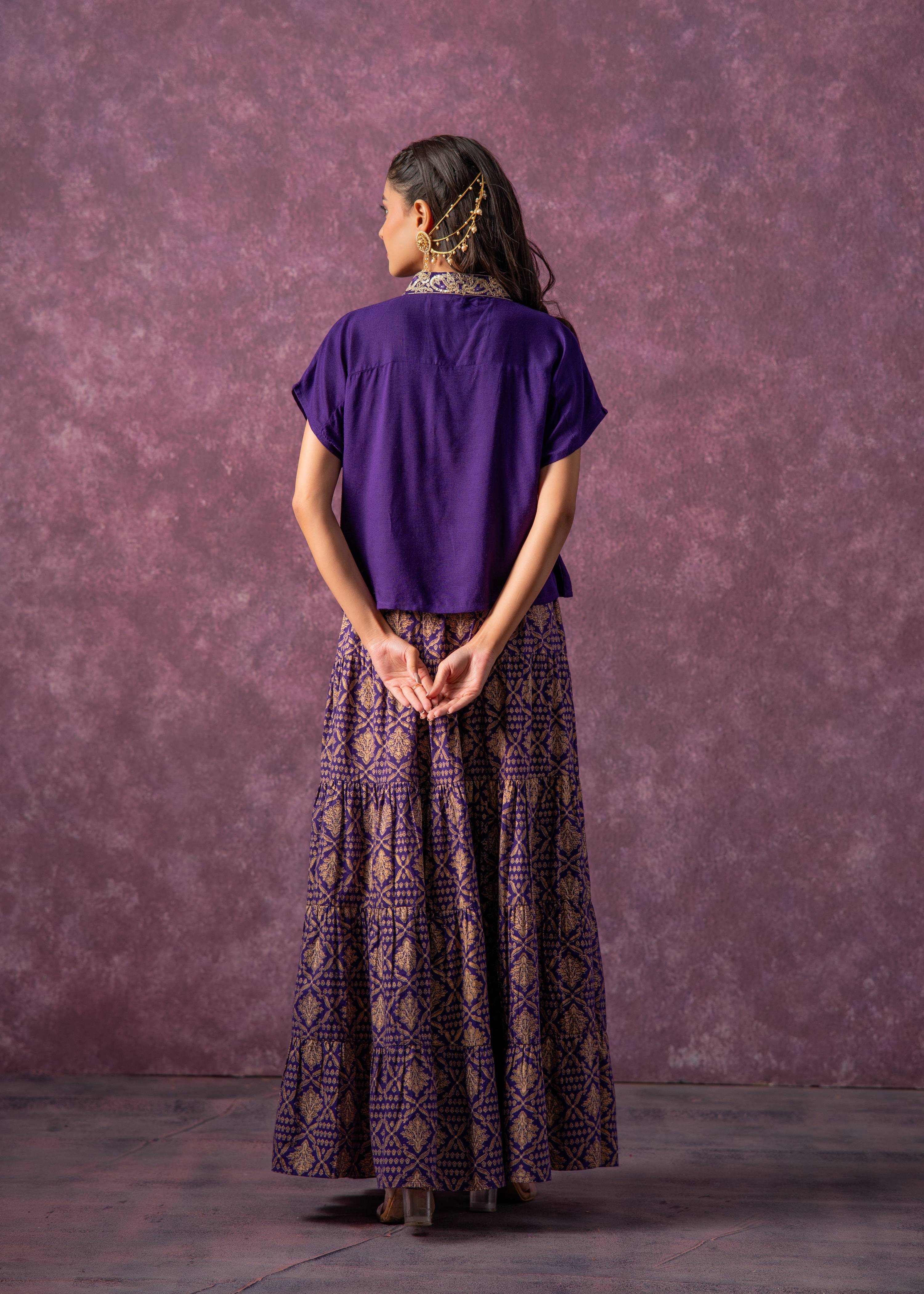 Juniper Purple Viscose Solid Top With Skirt Co-Ord Set With Mirror & Sequence Work