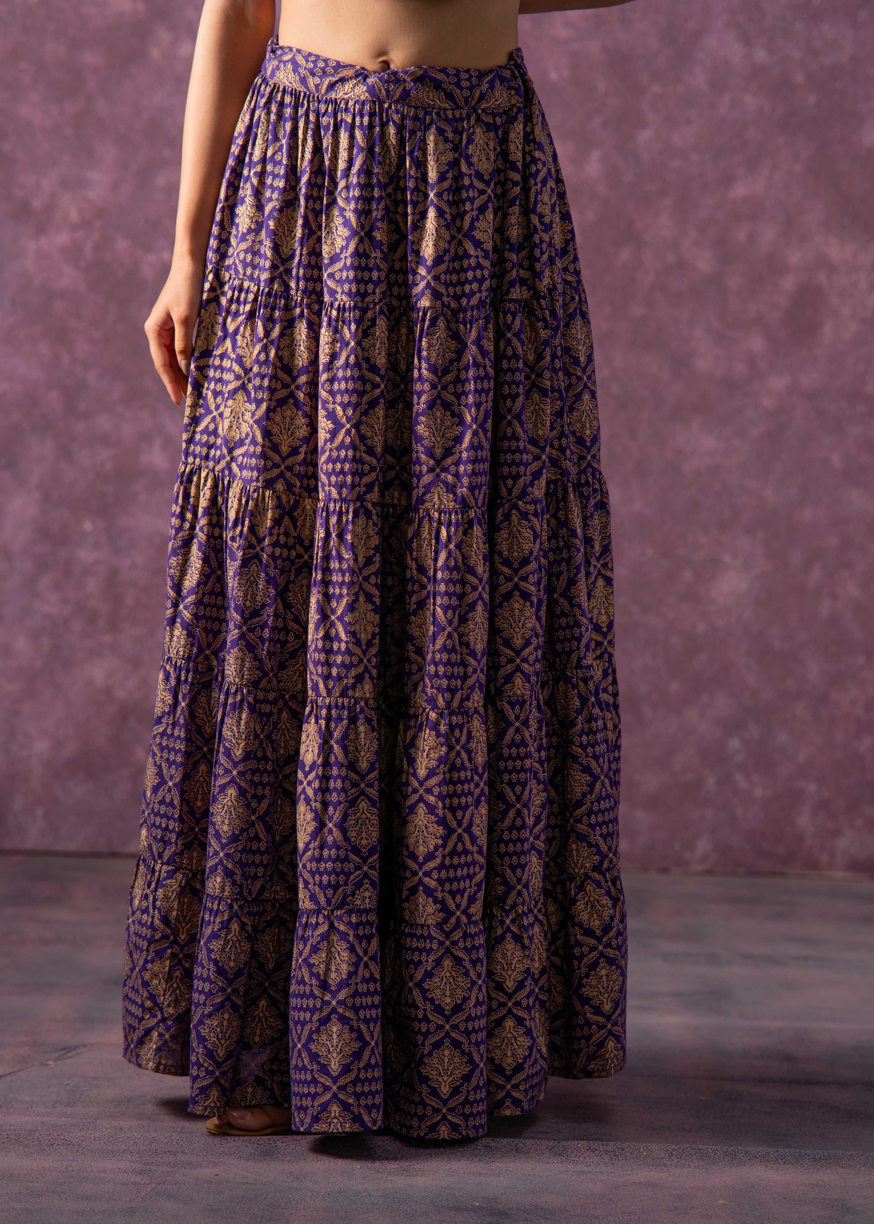 Juniper Purple Viscose Solid Top With Skirt Co-Ord Set With Mirror & Sequence Work