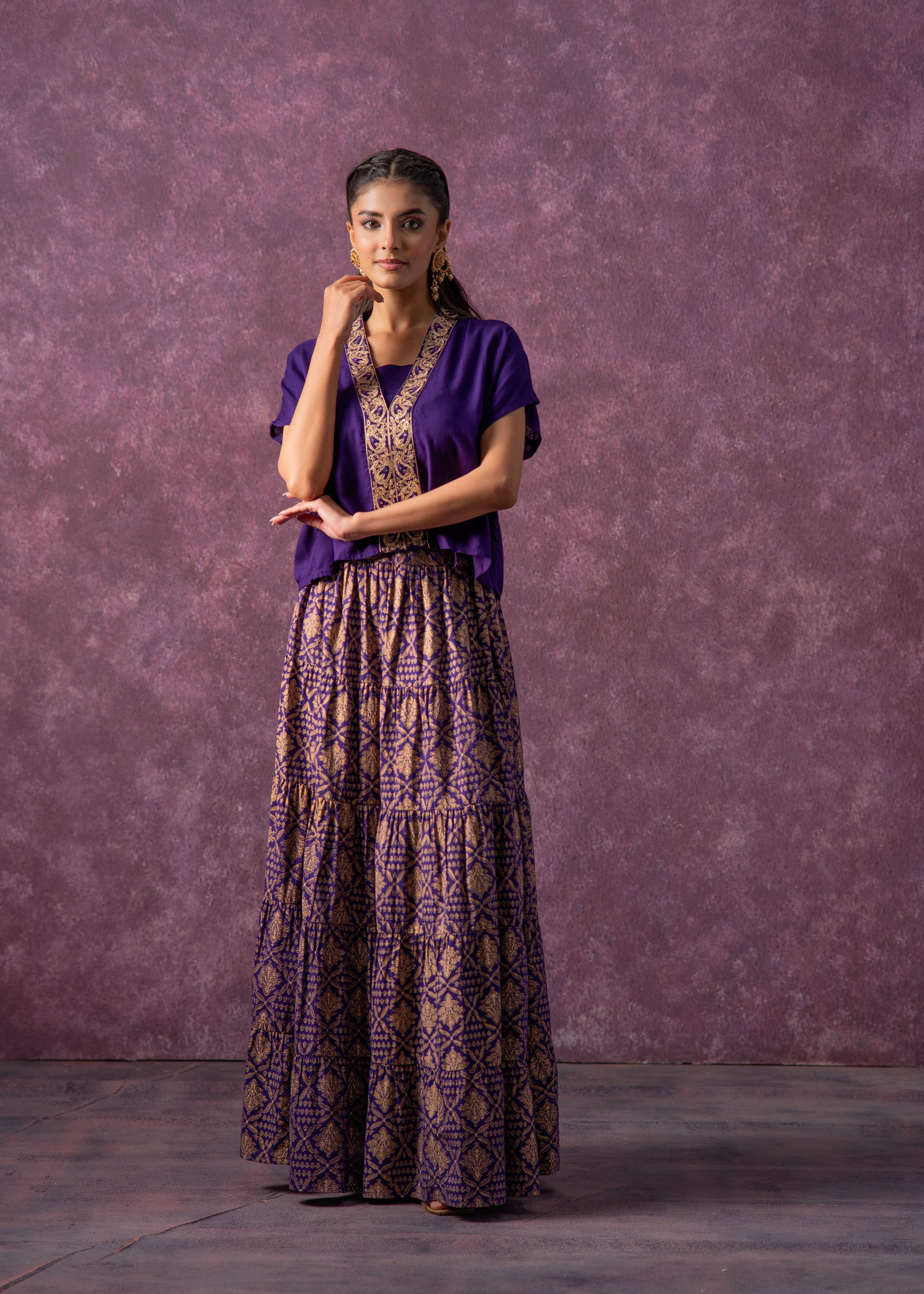 Juniper Purple Viscose Solid Top With Skirt Co-Ord Set With Mirror & Sequence Work