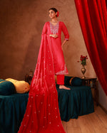Thumbnail for Juniper Fuchsia Viscose Straight Kurta With Pants & Dupatta Set With Thread & Zari Work