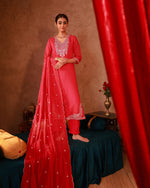 Thumbnail for Juniper Fuchsia Viscose Straight Kurta With Pants & Dupatta Set With Thread & Zari Work