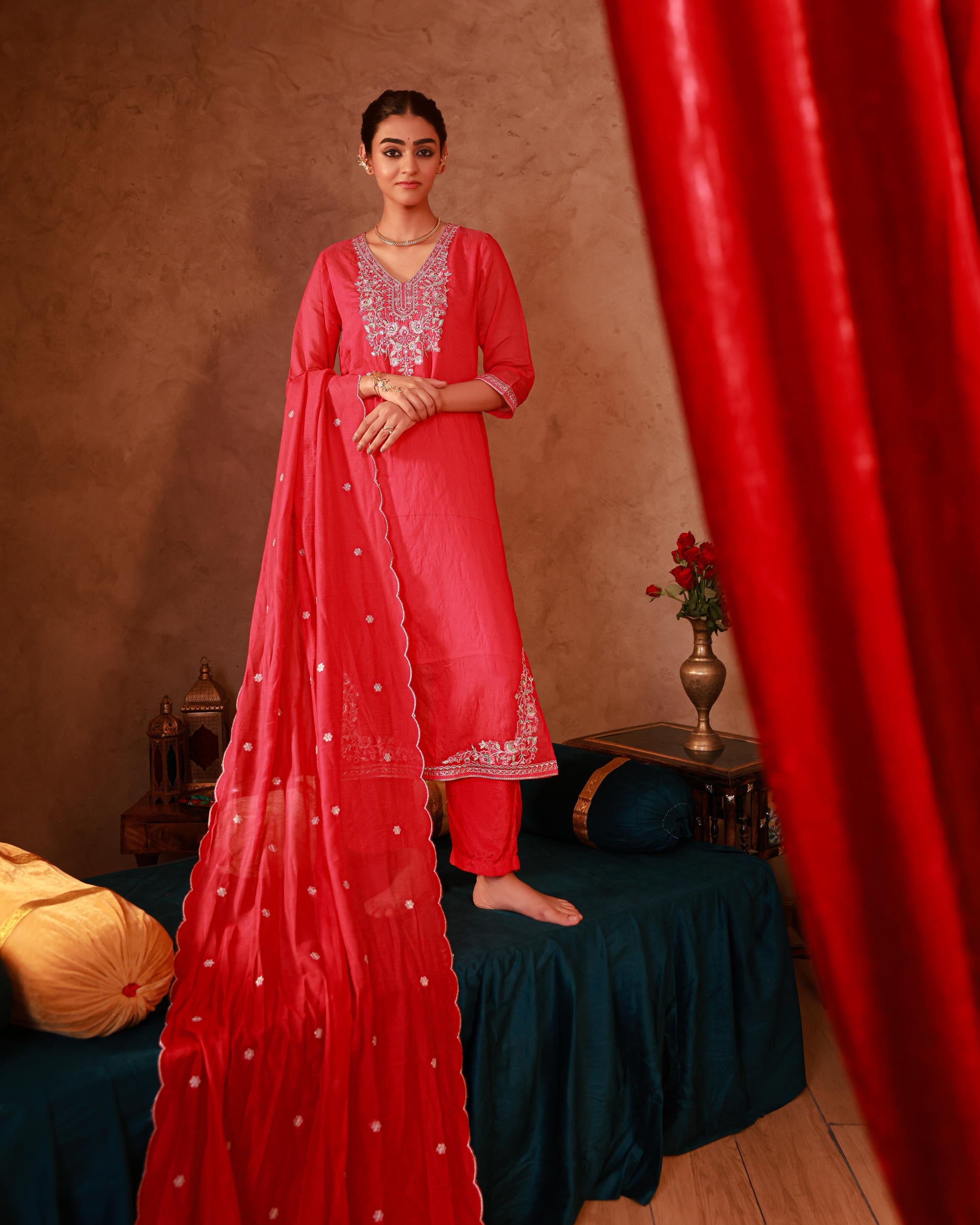 Juniper Fuchsia Viscose Straight Kurta With Pants & Dupatta Set With Thread & Zari Work