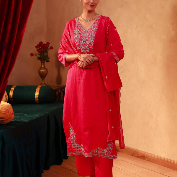 Juniper Fuchsia Viscose Straight Kurta With Pants & Dupatta Set With Thread & Zari Work