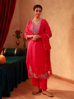 Thumbnail for Juniper Fuchsia Viscose Straight Kurta With Pants & Dupatta Set With Thread & Zari Work