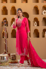Thumbnail for Juniper Fuchsia Viscose Straight Kurta With Pants & Dupatta Set With Thread & Zari Work