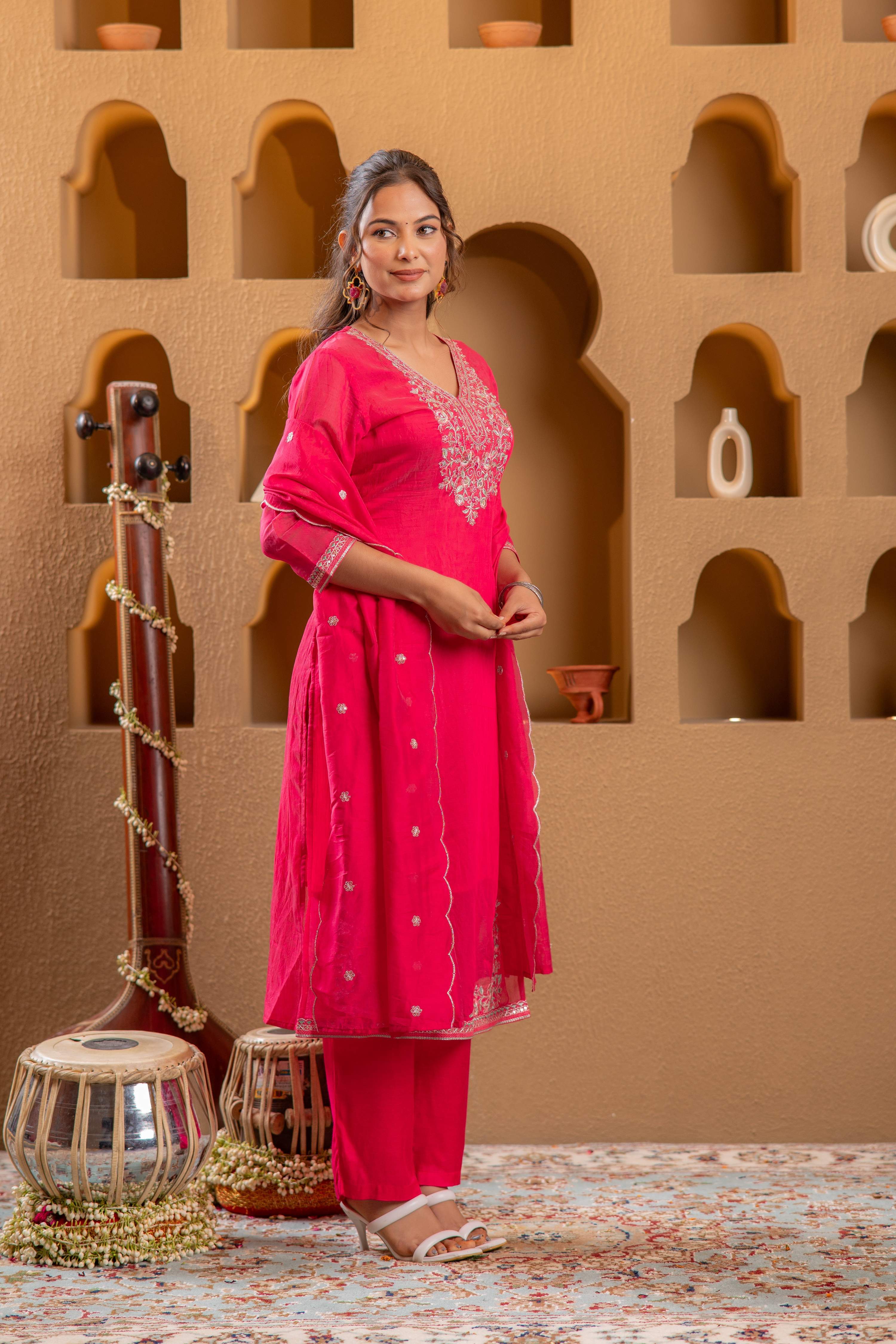 Juniper Fuchsia Viscose Straight Kurta With Pants & Dupatta Set With Thread & Zari Work