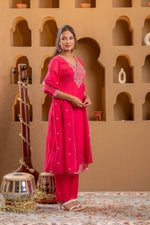 Thumbnail for Juniper Fuchsia Viscose Straight Kurta With Pants & Dupatta Set With Thread & Zari Work