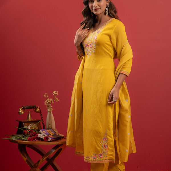 Juniper Mustard Viscose Kurta With Pants & Dupatta Set With Thread & Zari Work