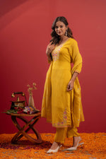 Thumbnail for Juniper Mustard Viscose Kurta With Pants & Dupatta Set With Thread & Zari Work