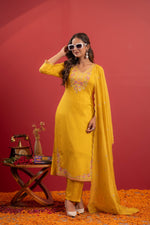 Thumbnail for Juniper Mustard Viscose Kurta With Pants & Dupatta Set With Thread & Zari Work
