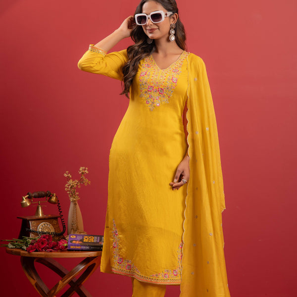 Juniper Mustard Viscose Kurta With Pants & Dupatta Set With Thread & Zari Work