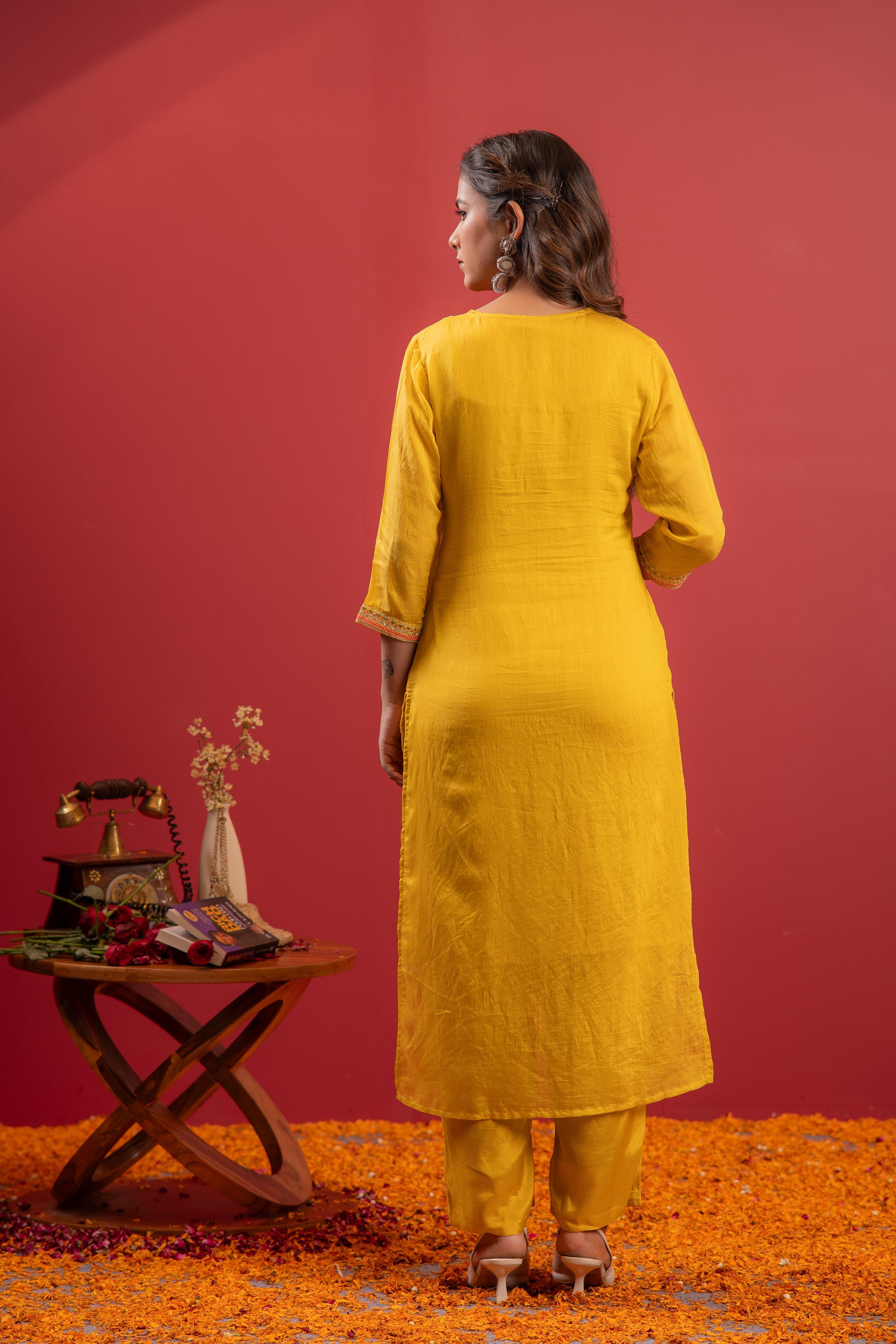 Juniper Mustard Viscose Kurta With Pants & Dupatta Set With Thread & Zari Work