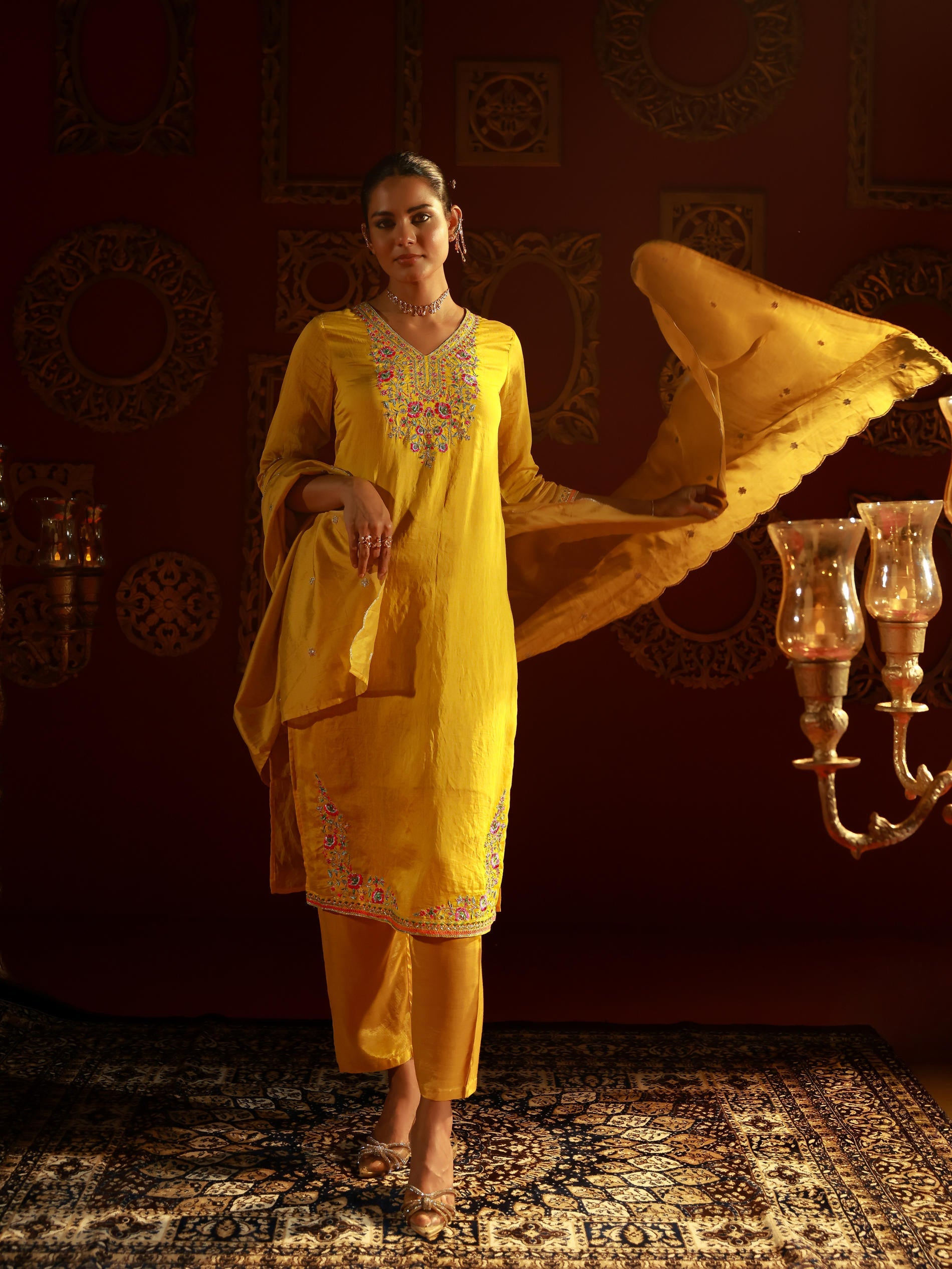 Juniper Mustard Viscose Kurta With Pants & Dupatta Set With Thread & Zari Work