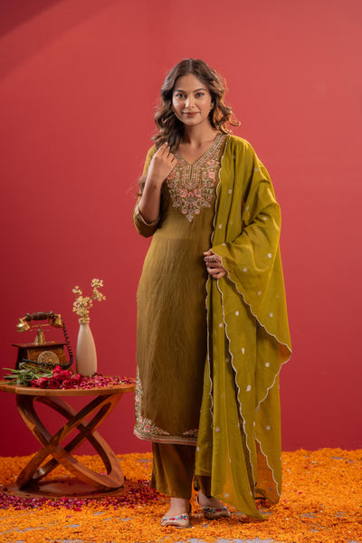 Juniper Festive Olive Green Floral Embroidered Kurta Set With Dupatta