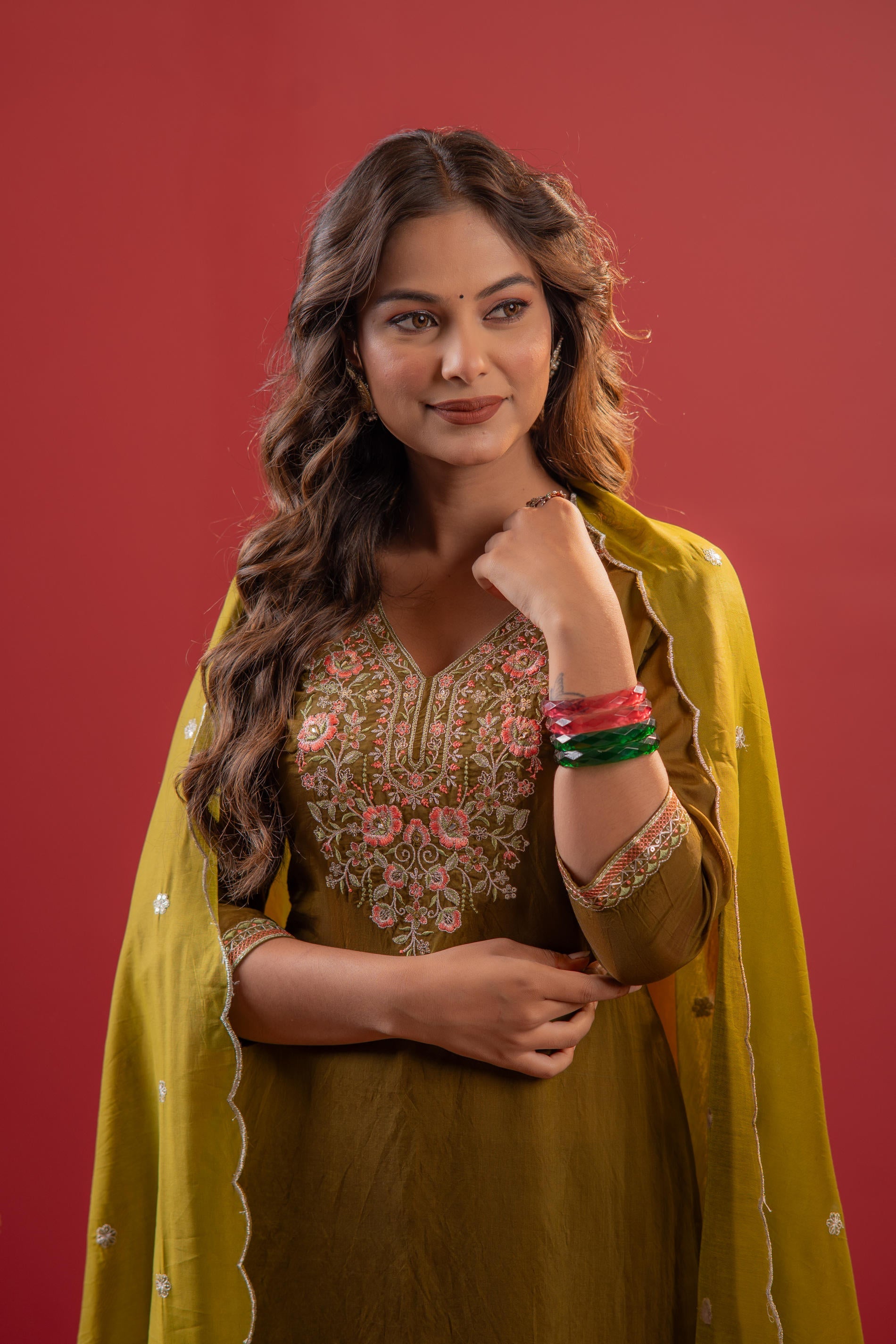 Juniper Festive Olive Green Floral Embroidered Kurta Set With Dupatta