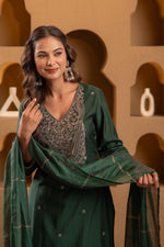 Thumbnail for Juniper Bottle Green Viscose Straight Kurta With Pants & Dupatta Set With Zari & Sequence Work