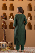 Thumbnail for Juniper Bottle Green Viscose Straight Kurta With Pants & Dupatta Set With Zari & Sequence Work