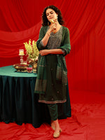 Thumbnail for Juniper Bottle Green Viscose Straight Kurta With Pants & Dupatta Set With Zari & Sequence Work - Distacart