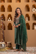 Thumbnail for Juniper Bottle Green Viscose Straight Kurta With Pants & Dupatta Set With Zari & Sequence Work - Distacart