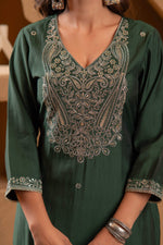 Thumbnail for Juniper Bottle Green Viscose Straight Kurta With Pants & Dupatta Set With Zari & Sequence Work - Distacart