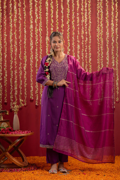 Juniper Purple Embroidered Straight Kurta With Pant & Striped Dupatta
