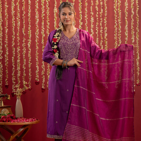 Juniper Purple Embroidered Straight Kurta With Pant & Striped Dupatta - Distacart