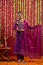 Thumbnail for Juniper Purple Embroidered Straight Kurta With Pant & Striped Dupatta