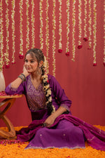 Thumbnail for Juniper Purple Embroidered Straight Kurta With Pant & Striped Dupatta