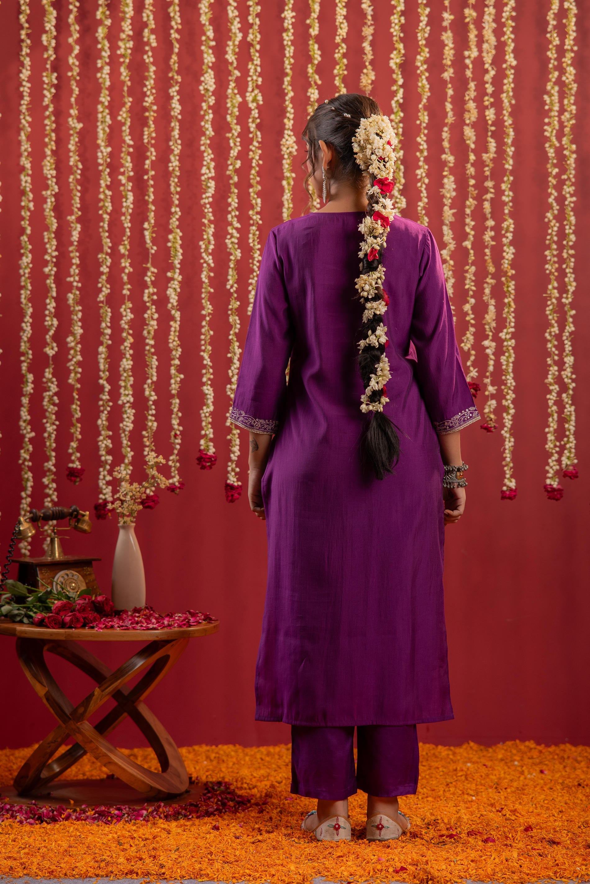 Juniper Purple Embroidered Straight Kurta With Pant & Striped Dupatta