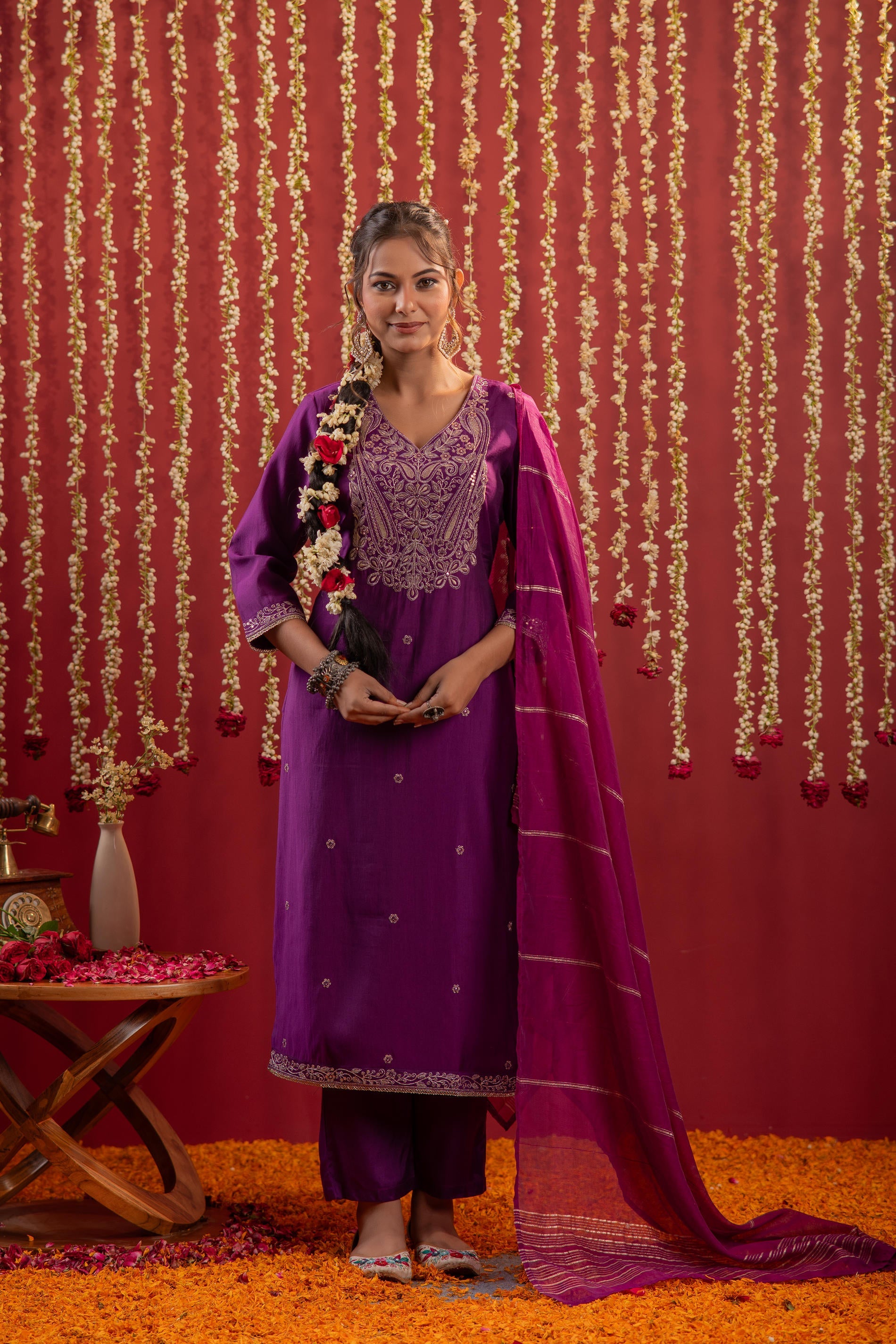 Juniper Purple Embroidered Straight Kurta With Pant & Striped Dupatta