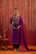 Thumbnail for Juniper Purple Embroidered Straight Kurta With Pant & Striped Dupatta