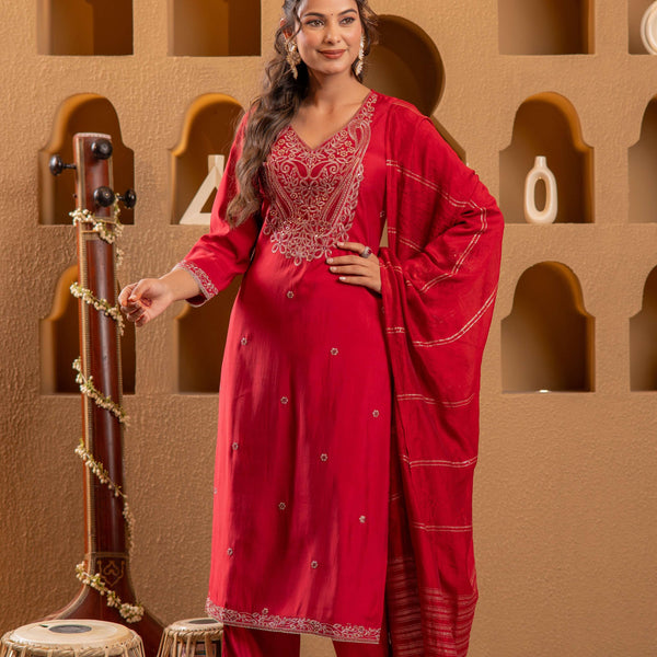 Juniper Red Embroidered Straight Kurta With Pant & Striped Dupatta - Distacart
