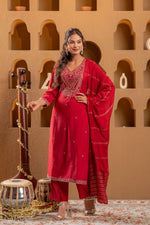 Thumbnail for Juniper Red Embroidered Straight Kurta With Pant & Striped Dupatta - Distacart