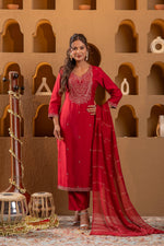 Thumbnail for Juniper Red Embroidered Straight Kurta With Pant & Striped Dupatta - Distacart