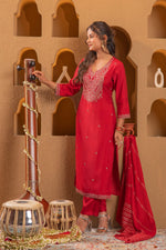 Thumbnail for Juniper Red Embroidered Straight Kurta With Pant & Striped Dupatta - Distacart