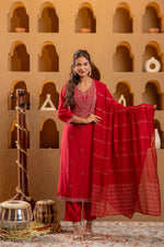 Thumbnail for Juniper Red Viscose Straight Kurta With Pants & Dupatta Set With Zari & Sequence Work