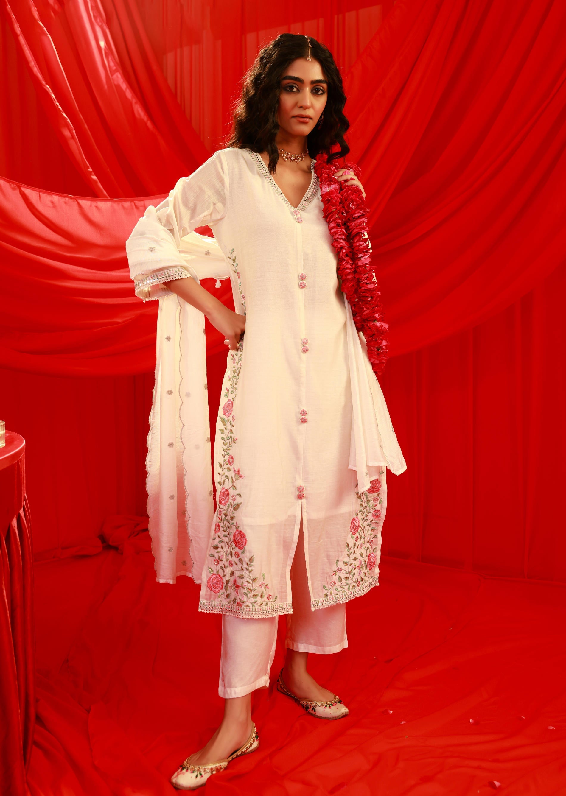 Juniper Ivory Viscose Kurta With Pants & Dupatta Set With Mirror & Thread Work