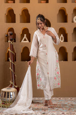 Thumbnail for Juniper Ivory Viscose Kurta With Pants & Dupatta Set With Mirror & Thread Work