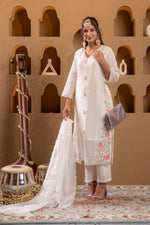 Thumbnail for Juniper Ivory Viscose Kurta With Pants & Dupatta Set With Mirror & Thread Work