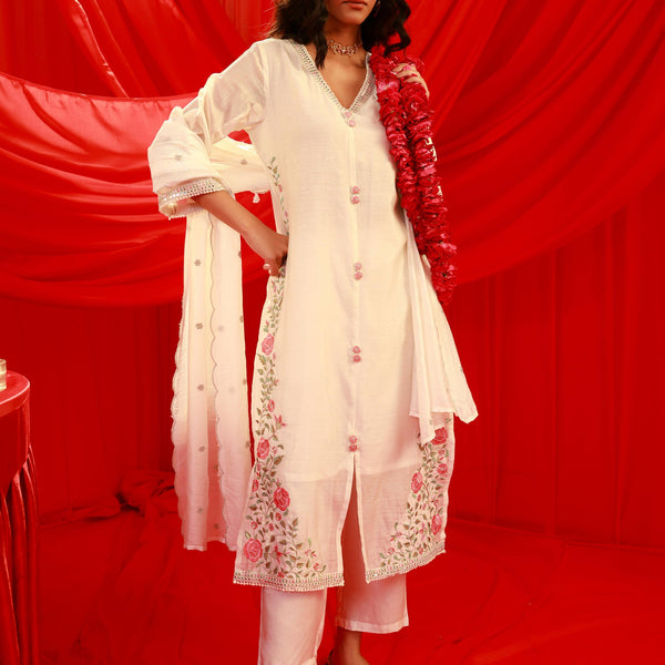 Juniper Ivory Viscose Kurta With Pants & Dupatta Set With Mirror & Thread Work - Distacart
