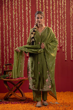 Thumbnail for Juniper Mehendi Green Embroidered Kurta Set With Dupatta