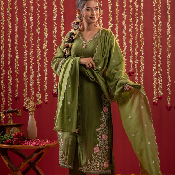 Juniper Mehendi Green Embroidered Kurta Set With Dupatta