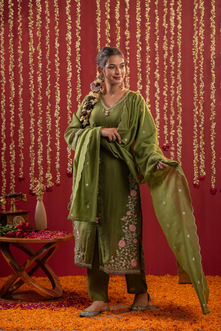 Juniper Mehendi Green Embroidered Kurta Set With Dupatta