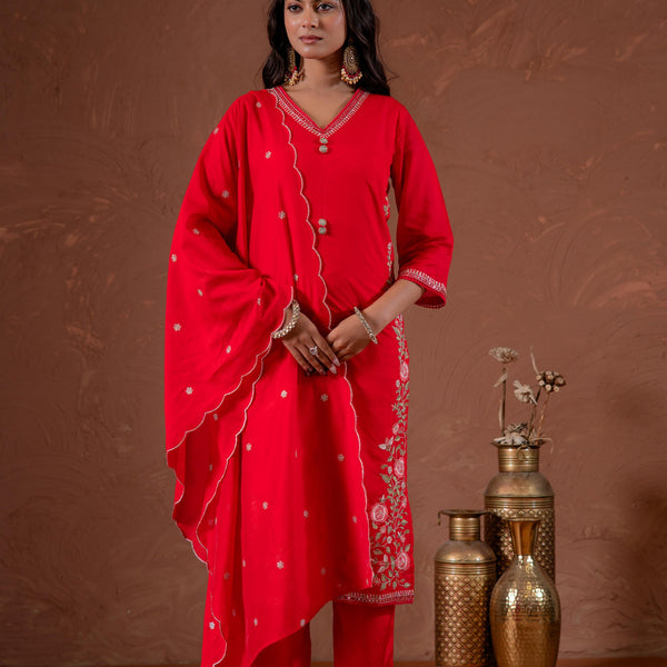 Juniper Red Anarkali Kurta Set With Embroidery And Scallop Hemline