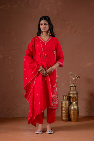 Juniper Red Anarkali Kurta Set With Embroidery And Scallop Hemline