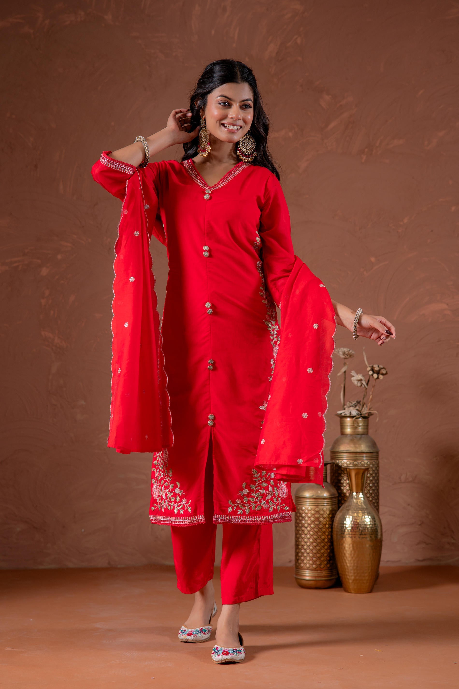 Juniper Red Anarkali Kurta Set With Embroidery And Scallop Hemline
