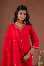 Thumbnail for Juniper Red Anarkali Kurta Set With Embroidery And Scallop Hemline